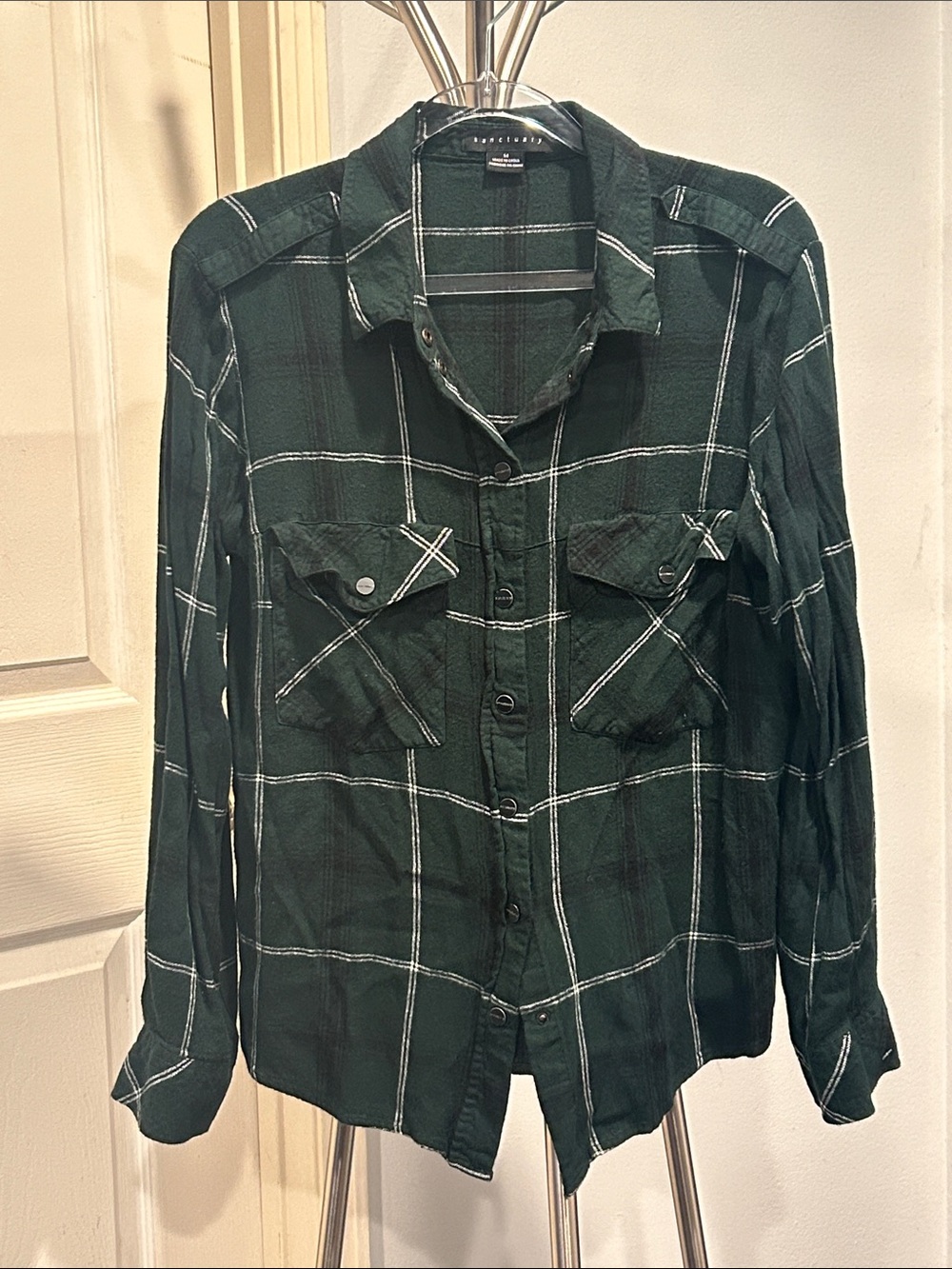 Sanctuary Forest Green Plaid Shirt with White Windowpane